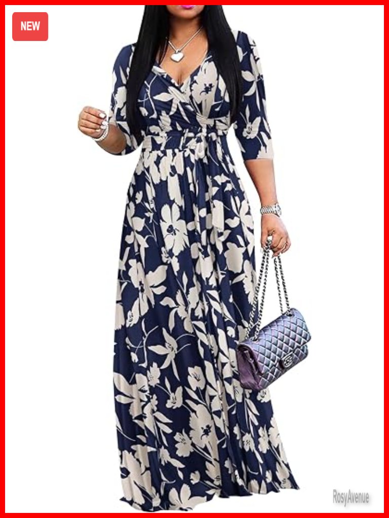 Plus Size Wrap V Neck 3/4 Sleeve Maxi Dress With Pockets